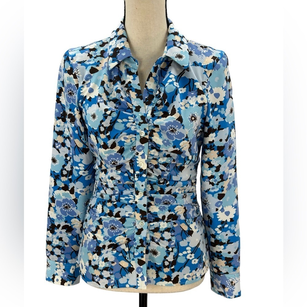 Rails Liza Floral Print Long Sleeve Rouched Button Down Blouse - Blue Brown - Sm